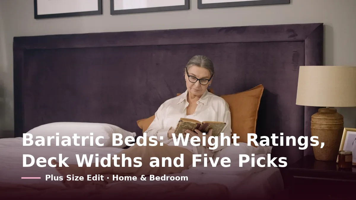 Cover card reading “Bariatric Beds: Weight Ratings, Deck Widths and Five Picks” over an older woman reading a book while sitting up in a wide bed with a tall upholstered headboard