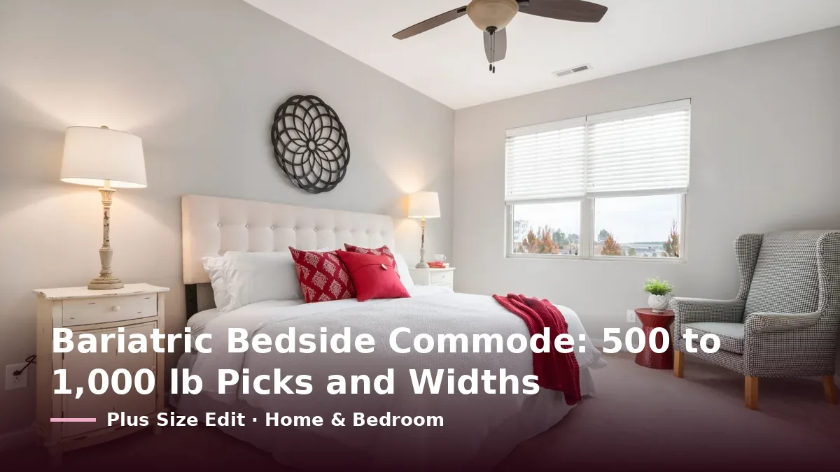 Cover card reading “Bariatric Bedside Commode: 500 to 1,000 lb Picks and Widths” over a bedroom with a white bed, a cream nightstand with a lamp and a checked armchair by the window