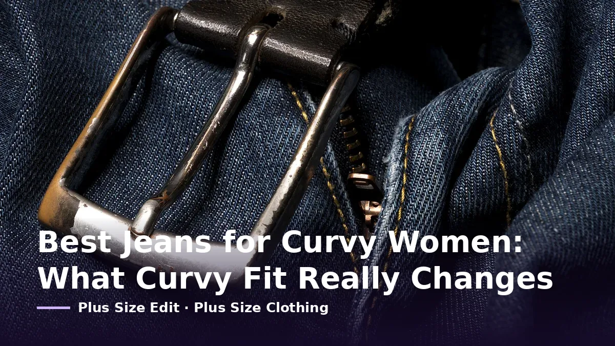 Cover card reading “Best Jeans for Curvy Women: What Curvy Fit Really Changes” over a close-up of a denim waistband, belt buckle and zip