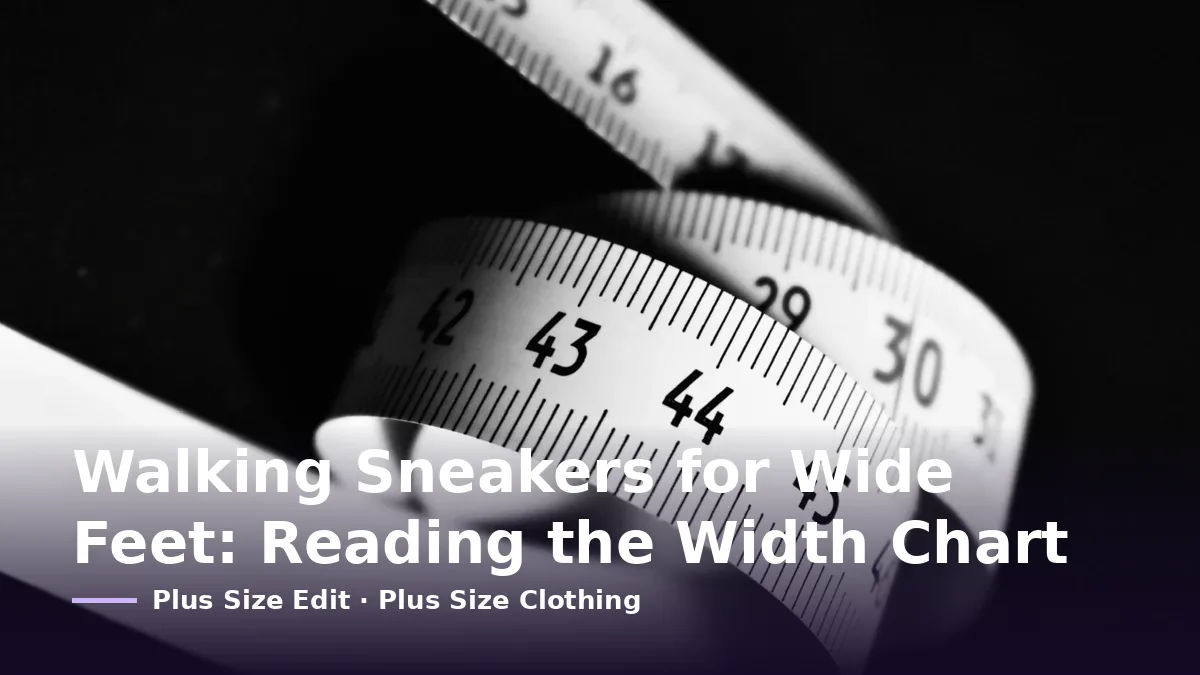 Cover card reading “Walking Sneakers for Wide Feet: Reading the Width Chart” over a curled white tape measure with centimetre markings on a black background