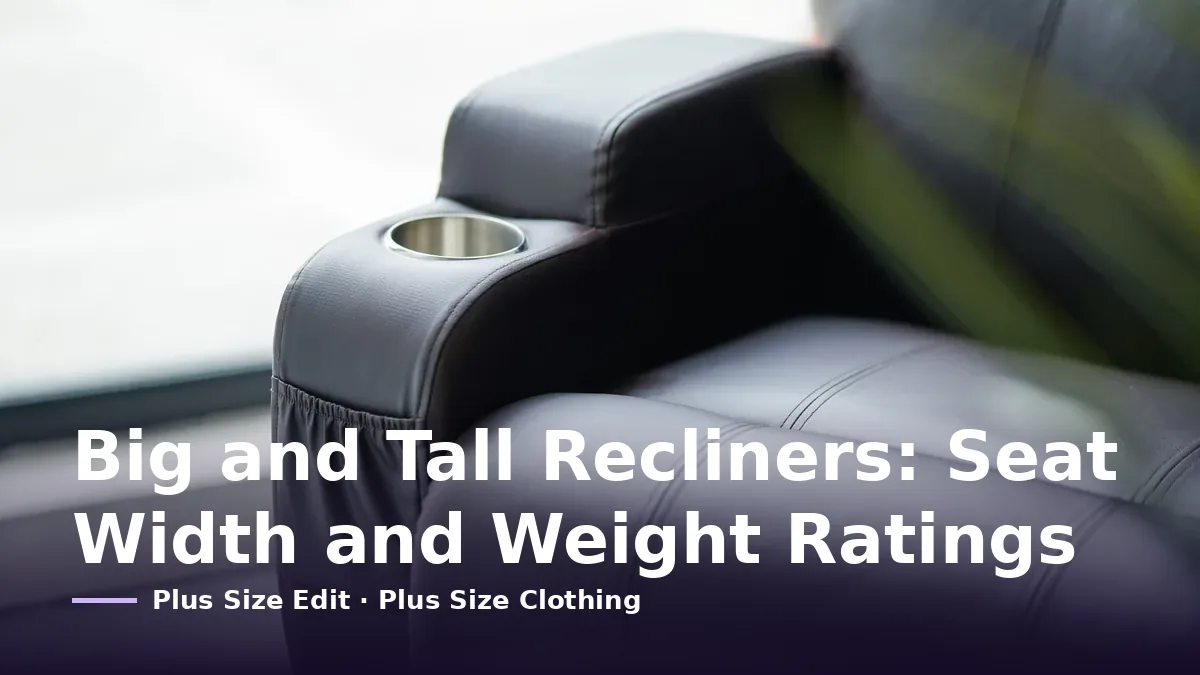 Cover card reading “Big and Tall Recliners: Seat Width and Weight Ratings” over black leather seating with a cup holder set into the armrest