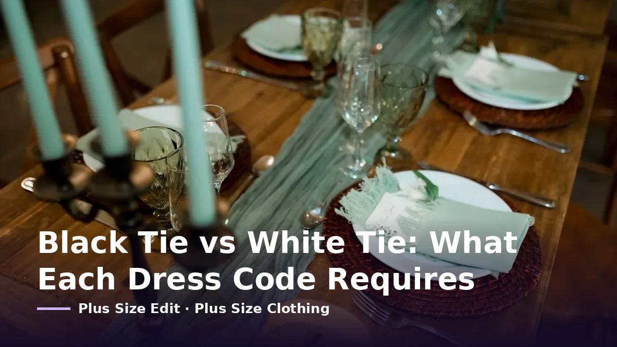 Cover card reading “Black Tie vs White Tie: What Each Dress Code Requires” over a laid dinner table with pale blue taper candles and glassware