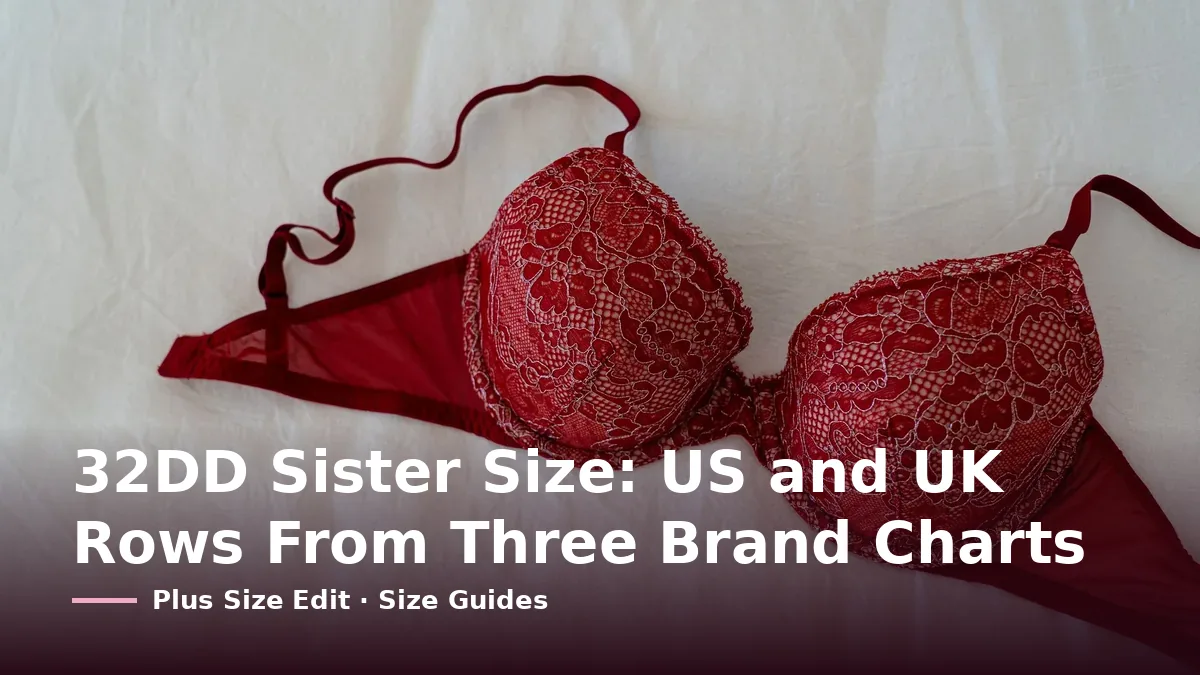 Cover card reading “32DD Sister Size: US and UK Rows From Three Brand Charts” over a dark red lace underwire bra laid flat on a white sheet