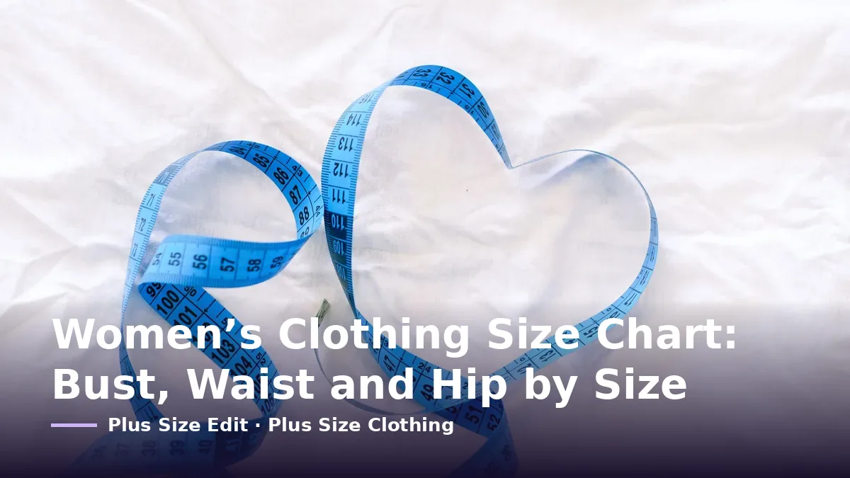 Cover card reading “Women’s Clothing Size Chart: Bust, Waist and Hip by Size” over a blue tape measure curled into a heart on white fabric