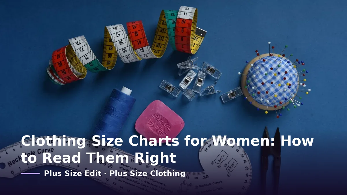 Cover card reading “Clothing Size Charts for Women: How to Read Them Right” over pattern-drafting rulers, tape measures and pins on a blue background