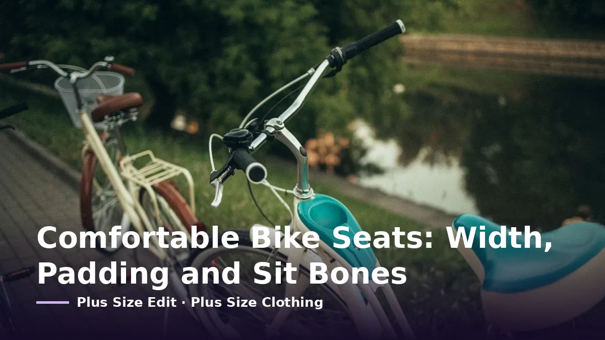 Cover card reading “Comfortable Bike Seats: Width, Padding and Sit Bones” over city bicycles beside a path, a wide teal and cream saddle at the right