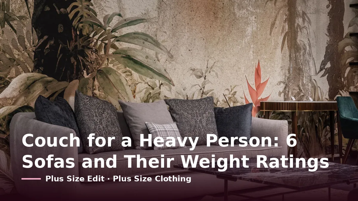 Cover card reading “Couch for a Heavy Person: 6 Sofas and Their Weight Ratings” over a grey sofa with patterned cushions in front of a painted leaf mural