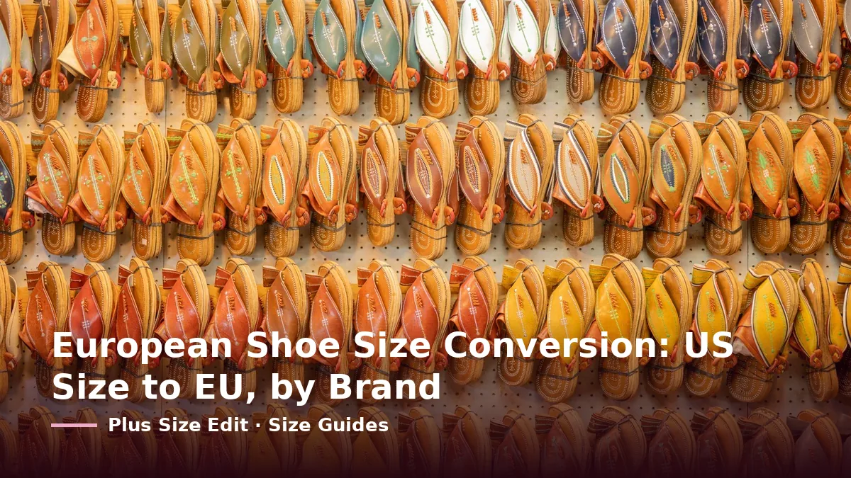 Cover card reading “European Shoe Size Conversion: US Size to EU, by Brand” over rows of tan, yellow and green leather sandals hung on a pegboard wall