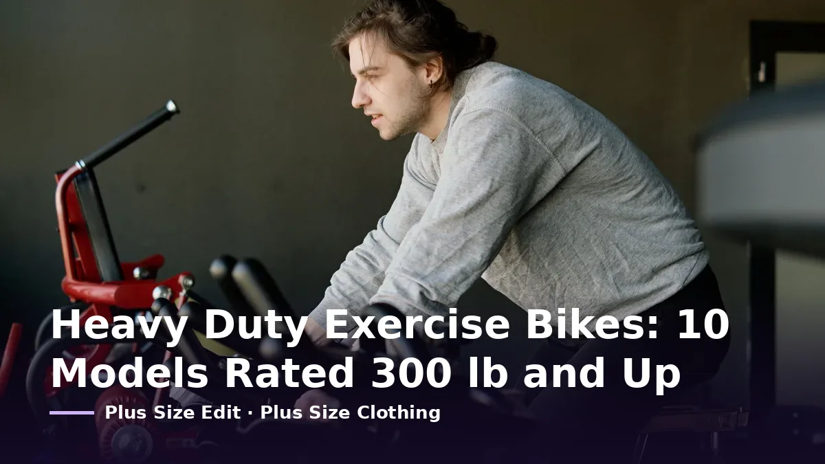 Cover card reading “Heavy Duty Exercise Bikes: 10 Models Rated 300 lb and Up” over a man pedalling a stationary bike in a gym