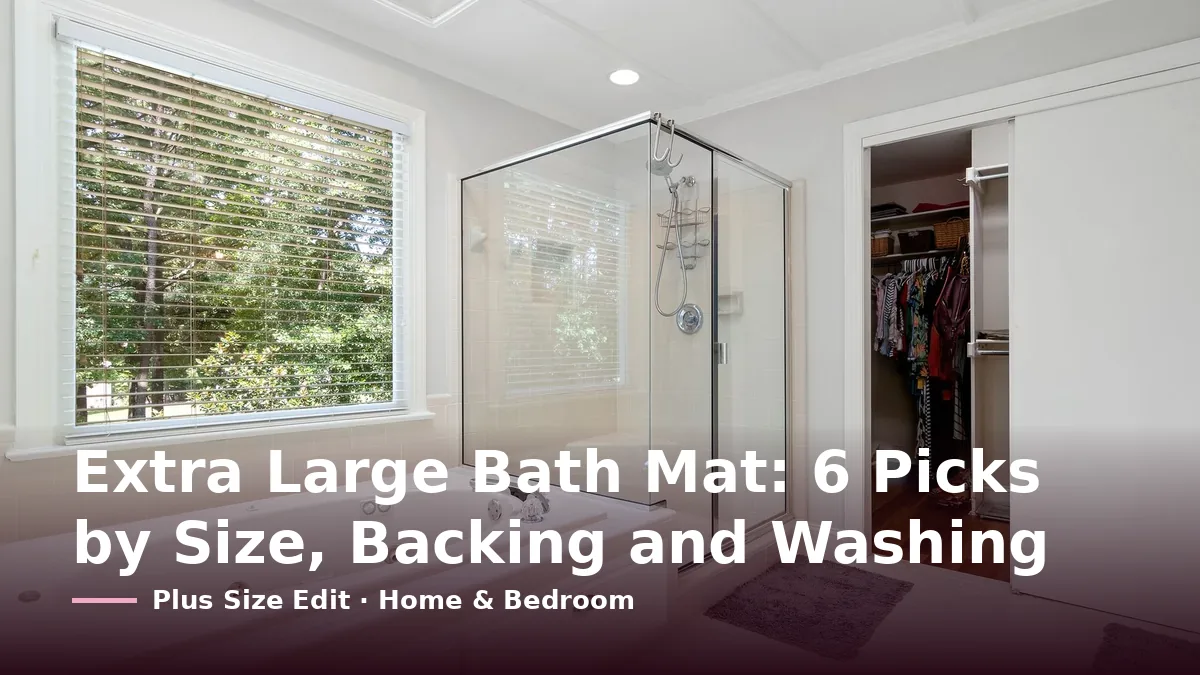 Cover card reading “Extra Large Bath Mat: 6 Picks by Size, Backing and Washing” over a bright bathroom with a built-in tub, a glass shower and two grey shag mats on a white tile floor