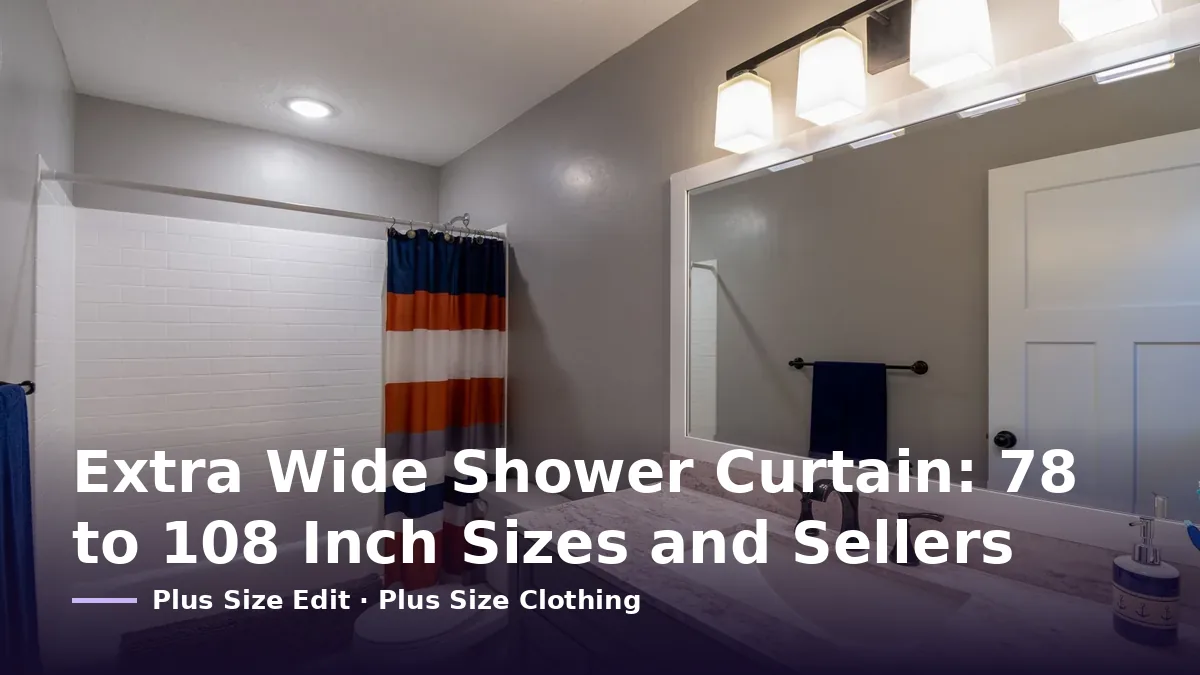 Cover card reading “Extra Wide Shower Curtain: 78 to 108 Inch Sizes and Sellers” over a bathroom with a striped shower curtain drawn across a tub