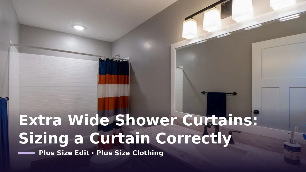Cover card reading “Extra Wide Shower Curtains: Sizing a Curtain Correctly” over a striped shower curtain hanging on a rod beside a white tiled shower alcove