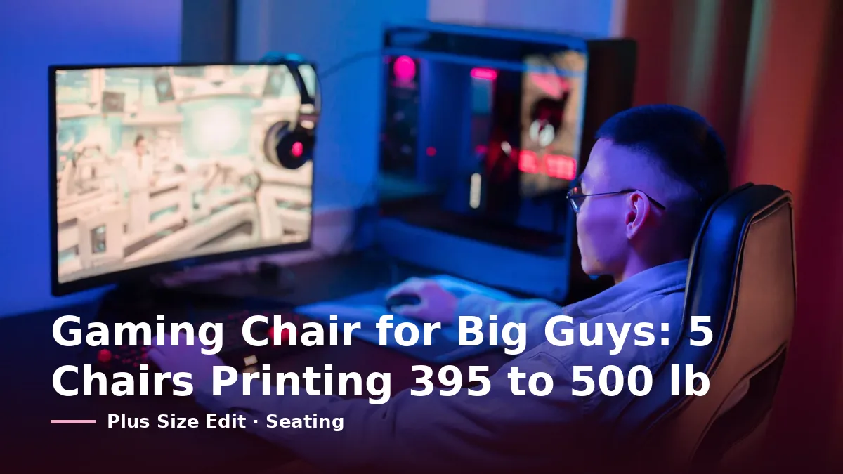 Cover card reading “Gaming Chair for Big Guys: 5 Chairs Printing 395 to 500 lb” over a man in glasses at a computer desk, seated in a high-backed chair in a room lit blue and red