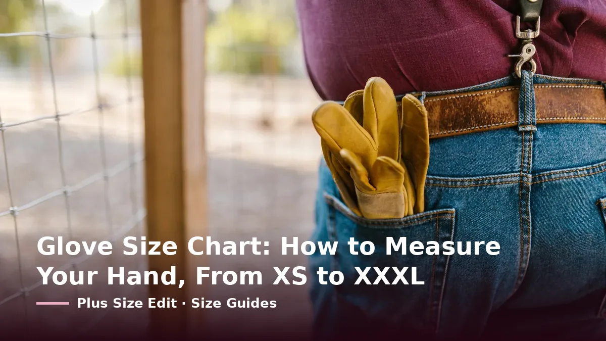 Cover card reading “Glove Size Chart: How to Measure Your Hand, From XS to XXXL” over a pair of yellow leather work gloves tucked in a jeans back pocket