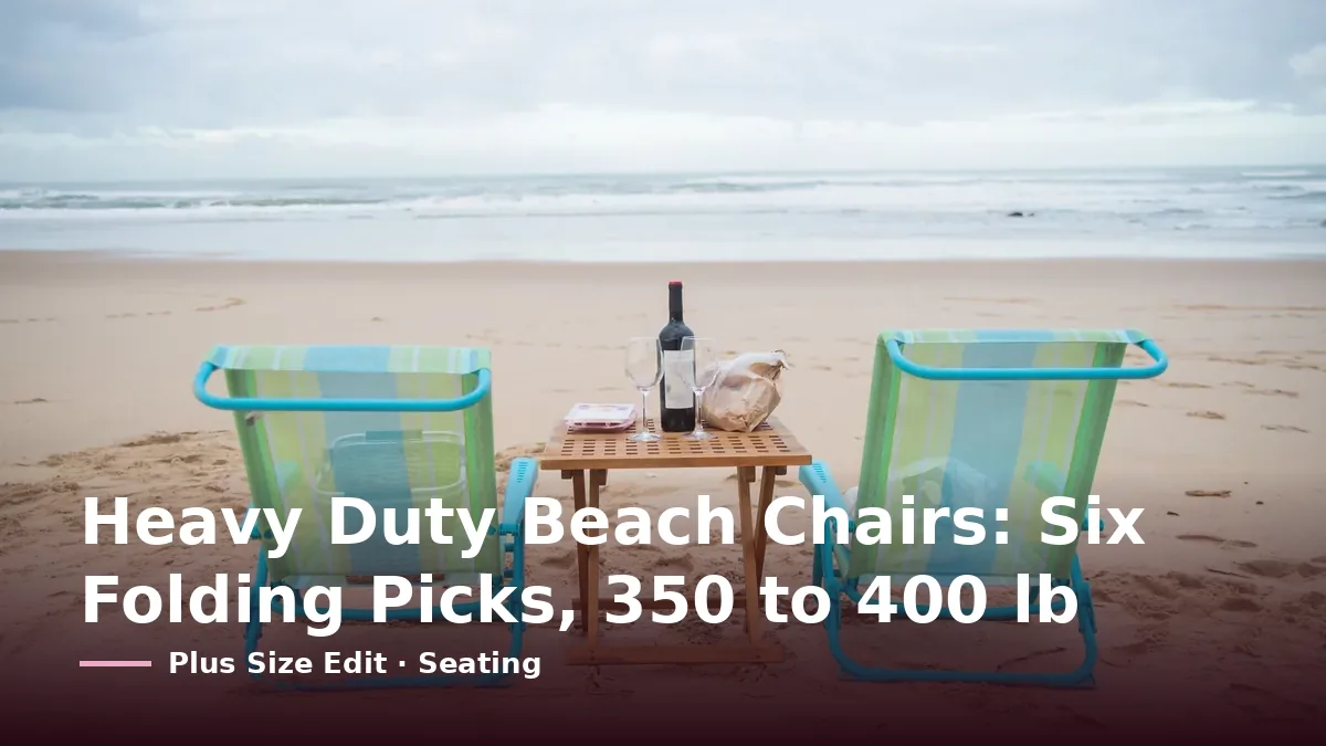 Cover card reading “Heavy Duty Beach Chairs: Six Folding Picks, 350 to 400 lb” over two striped folding beach chairs and a small wooden table on a sandy beach