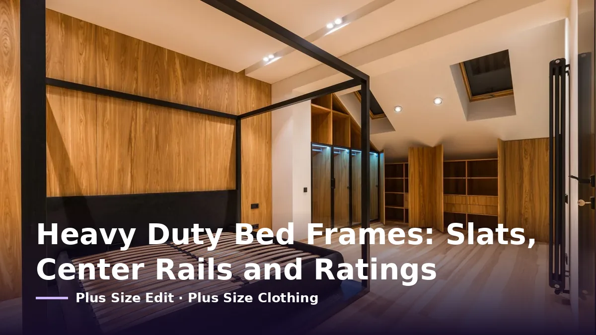 Cover card reading “Heavy Duty Bed Frames: Slats, Center Rails and Ratings” over a bedroom with a black-framed canopy bed and wood-panelled walls