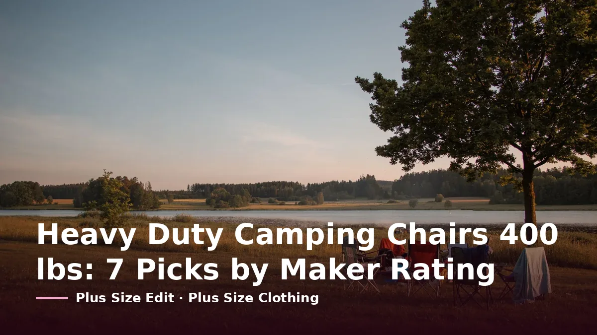 Cover card reading “Heavy Duty Camping Chairs 400 lbs: 7 Picks by Maker Rating” over folding camp chairs in a lakeside meadow at dusk