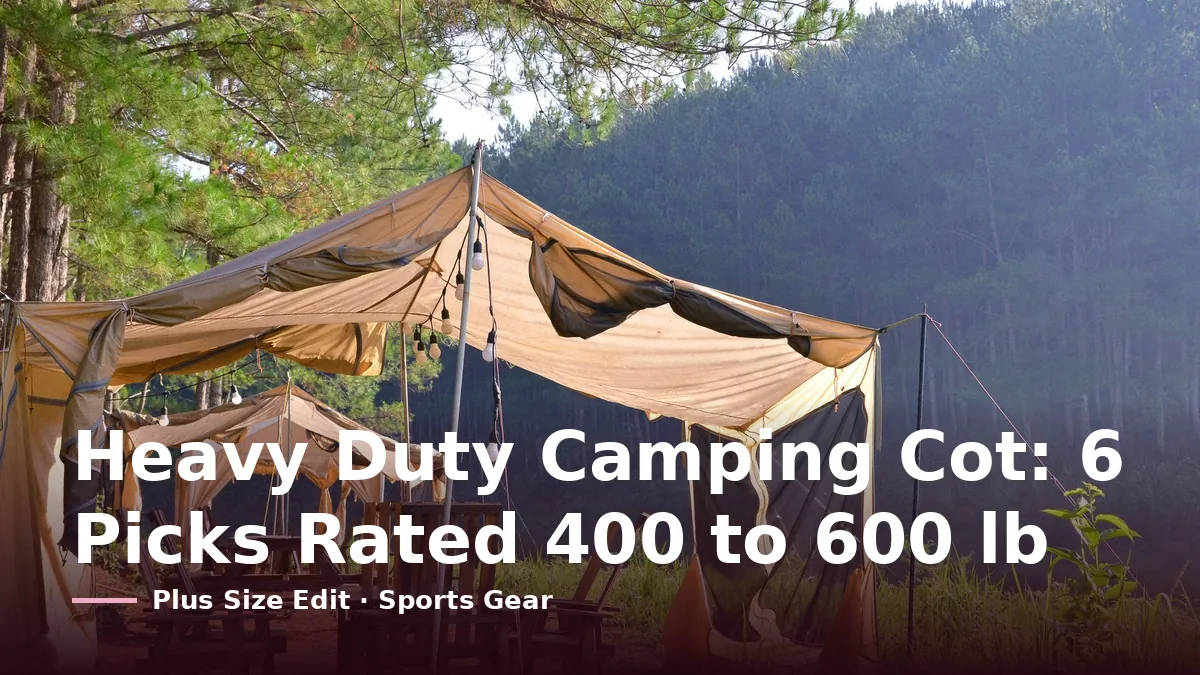 Cover card reading “Heavy Duty Camping Cot: 6 Picks Rated 400 to 600 lb” over canvas shelters with string lights and wooden chairs at a campsite in a pine forest