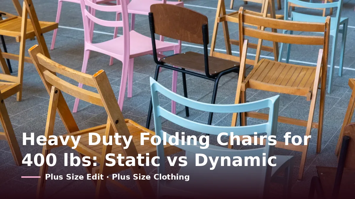 Cover card reading “Heavy Duty Folding Chairs for 400 lbs: Static vs Dynamic” over an assortment of wooden and plastic chairs on a paved floor