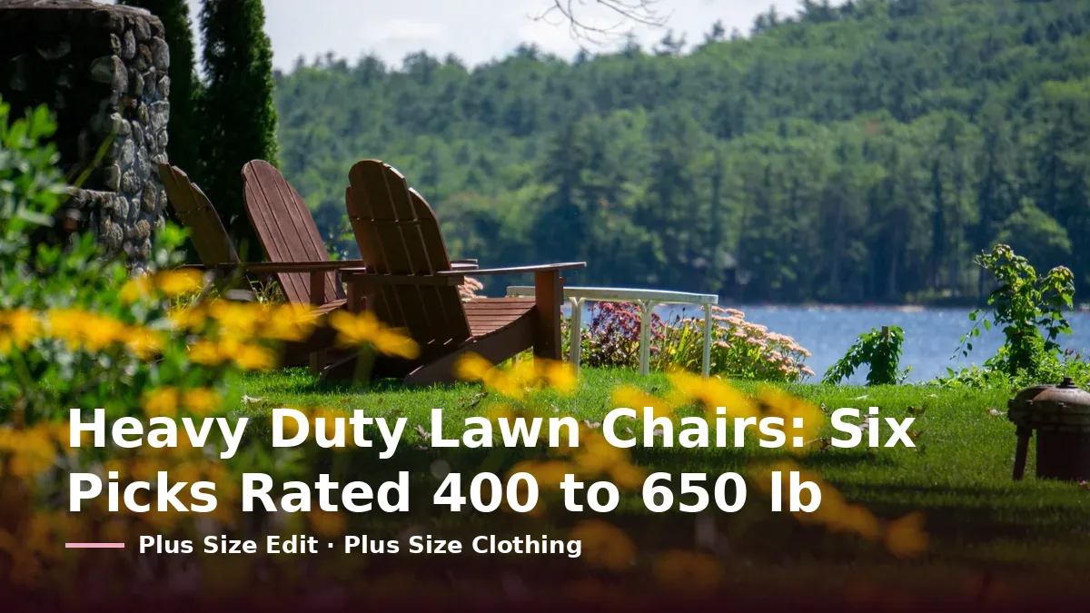 Cover card reading “Heavy Duty Lawn Chairs: Six Picks Rated 400 to 650 lb” over wooden Adirondack chairs on a lawn beside a lake