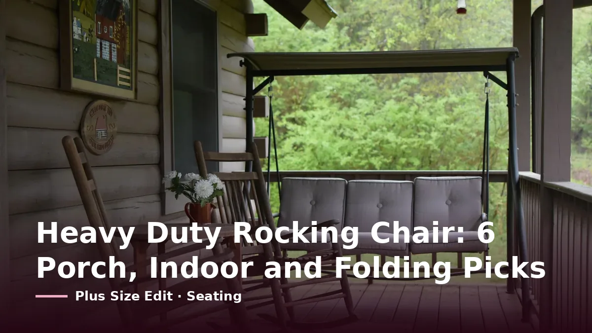 Cover card reading “Heavy Duty Rocking Chair: 6 Porch, Indoor and Folding Picks” over two wooden rocking chairs and a small round table on a covered wooden porch, with a cushioned porch swing and green trees behind