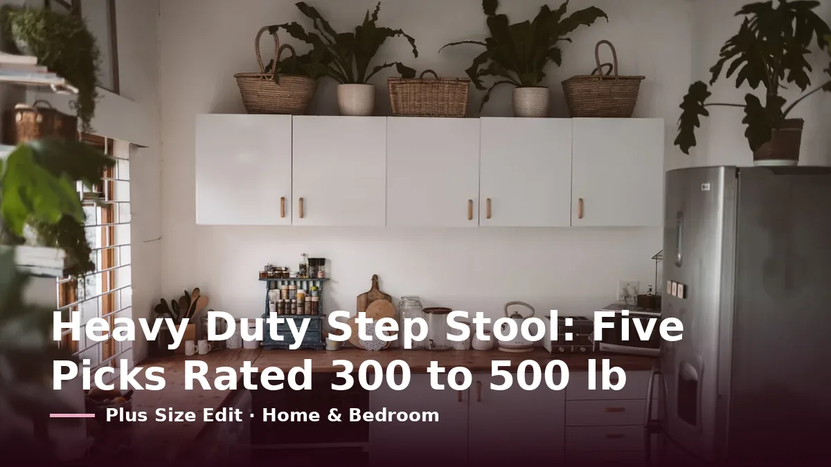 Cover card reading “Heavy Duty Step Stool: Five Picks Rated 300 to 500 lb” over a kitchen with white upper cabinets, woven baskets and plants on top, and a wooden counter below