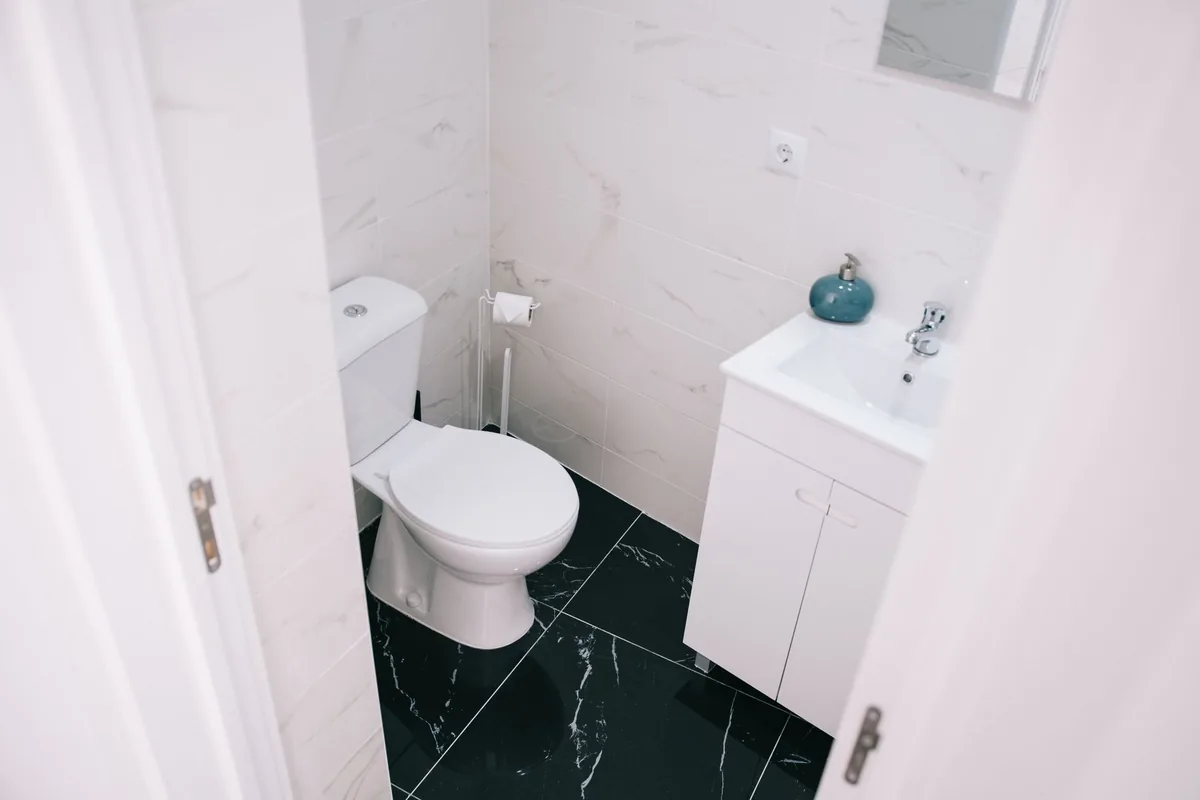 A small white-tiled bathroom seen through a half-open door, with a floor-standing toilet, a toilet paper stand and a narrow vanity on a dark marble floor