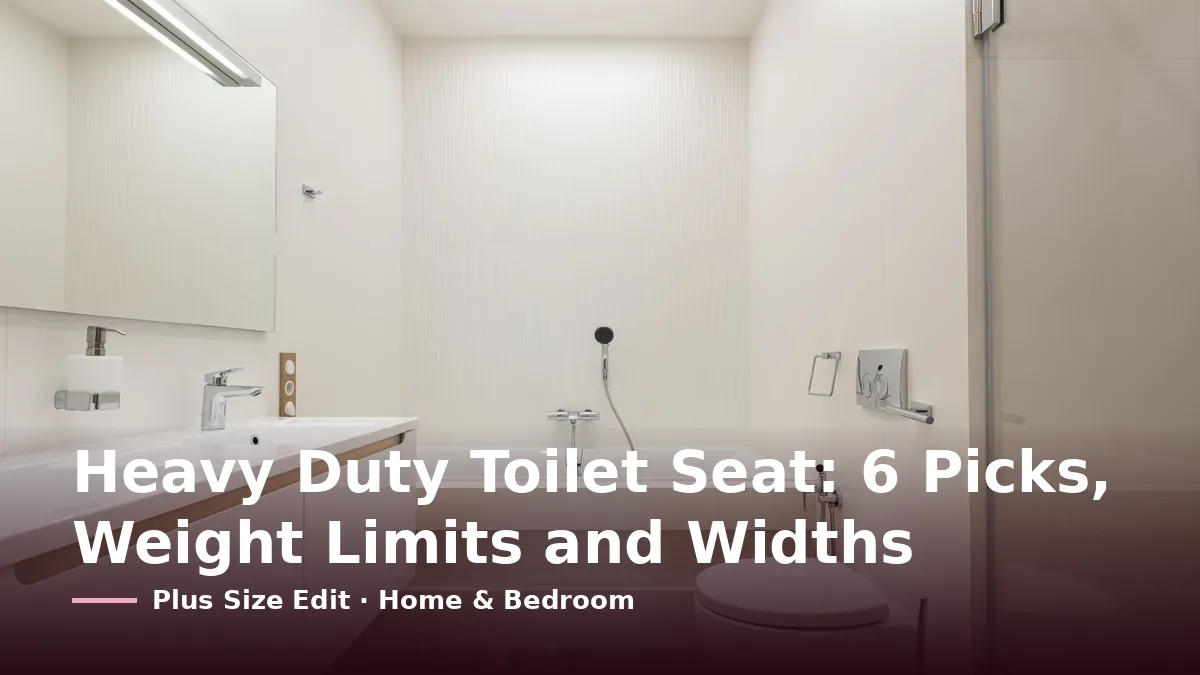 Cover card reading “Heavy Duty Toilet Seat: 6 Picks, Weight Limits and Widths” over a bright white bathroom with a wall-hung toilet, a built-in bathtub and a long vanity with a mirror
