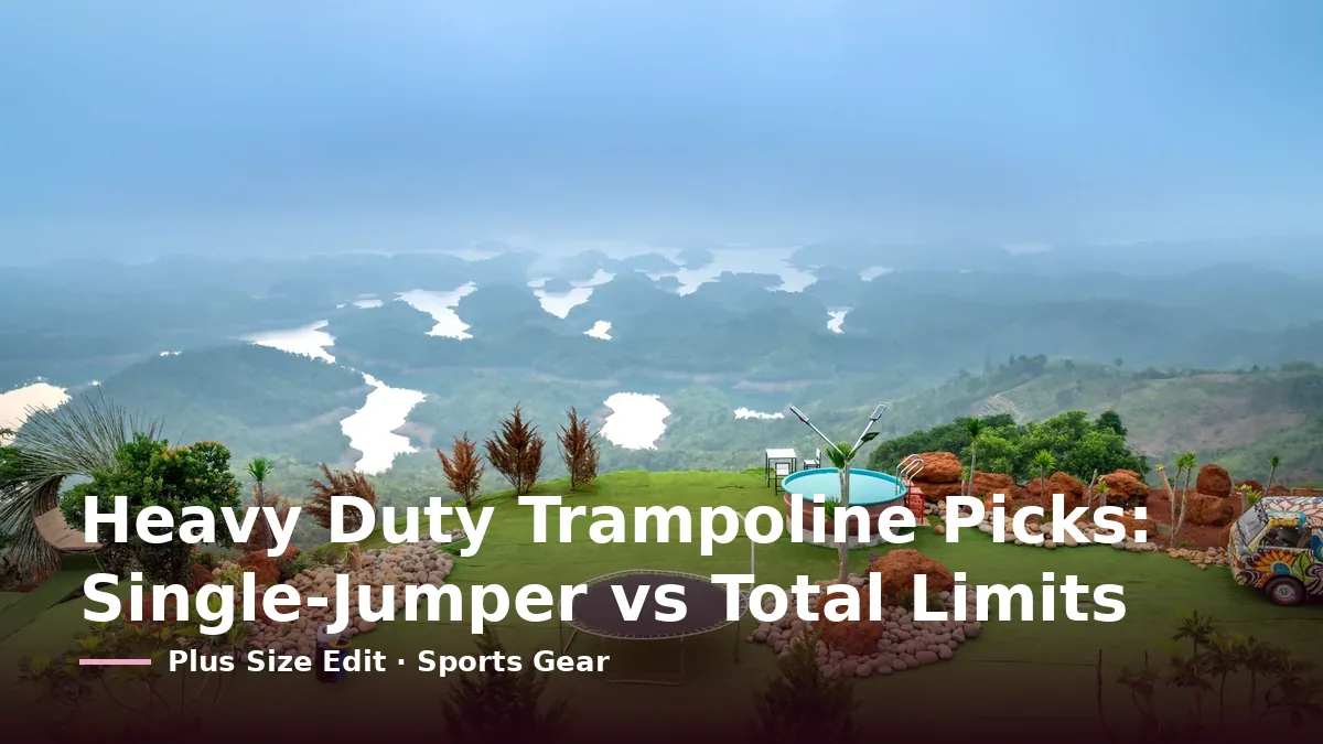 Cover card reading “Heavy Duty Trampoline Picks: Single-Jumper vs Total Limits” over a round trampoline on an artificial-grass lawn beside a small round pool, with misty hills and lakes behind