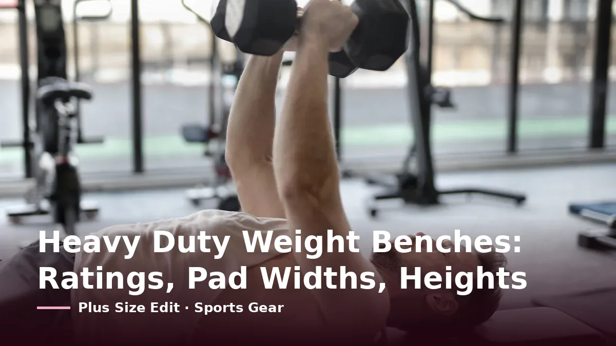 Cover card reading “Heavy Duty Weight Benches: Ratings, Pad Widths, Heights” over a man pressing a pair of dumbbells while lying on a flat bench in a gym