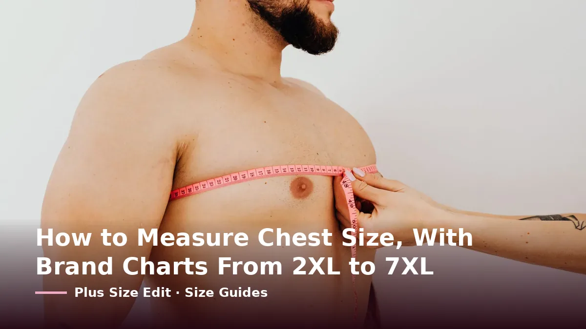 Cover card reading “How to Measure Chest Size, With Brand Charts From 2XL to 7XL” over a pink tape measure held level around a man's bare chest