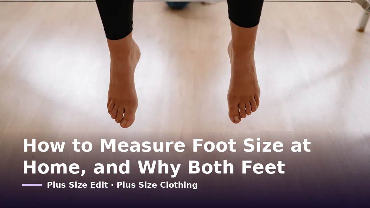 Cover card reading “How to Measure Foot Size at Home, and Why Both Feet” over a pair of bare feet above a wooden floor