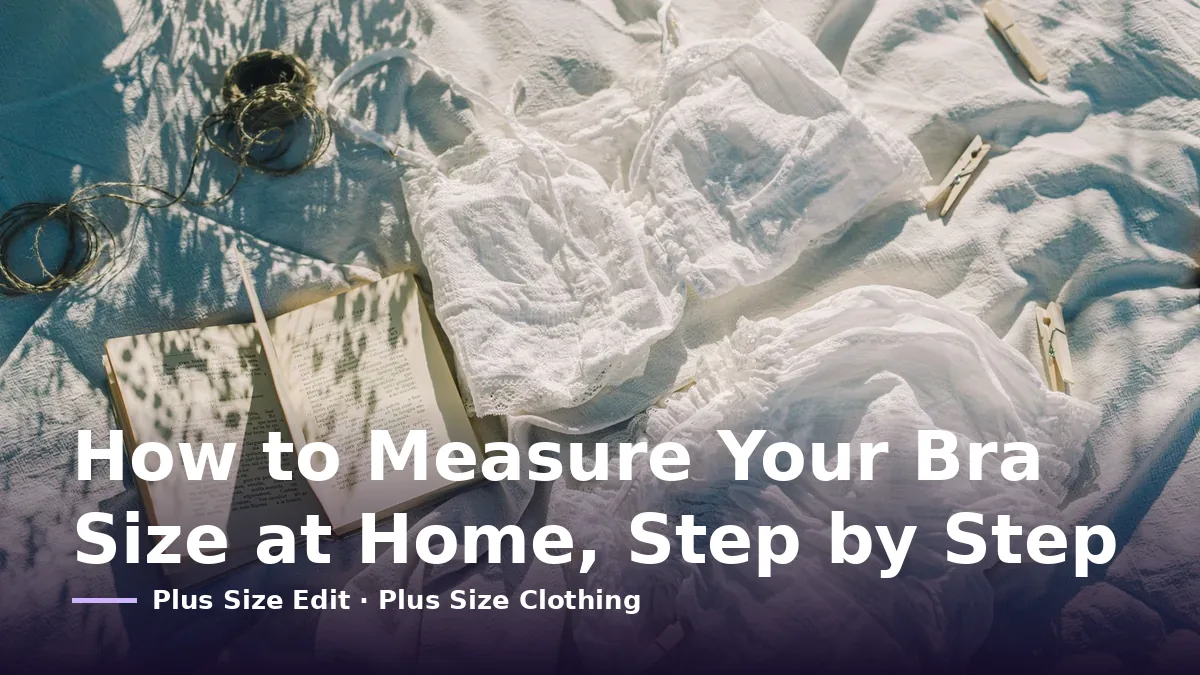 Cover card reading “How to Measure Your Bra Size at Home, Step by Step” over a white lace bra laid flat on a sunlit sheet beside an open book