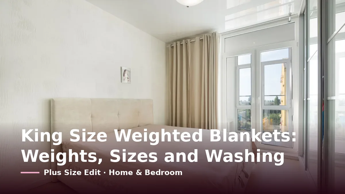 Cover card reading “King Size Weighted Blankets: Weights, Sizes and Washing” over a bed with a pale bedspread hanging over its sides in a bright bedroom