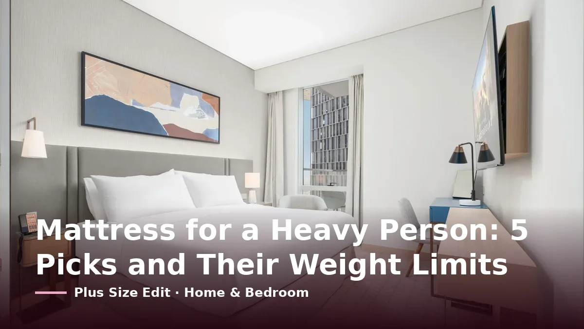 Cover card reading “Mattress for a Heavy Person: 5 Picks and Their Weight Limits” over a made bed with white bedding and a grey upholstered headboard in a bright room with a desk by the window