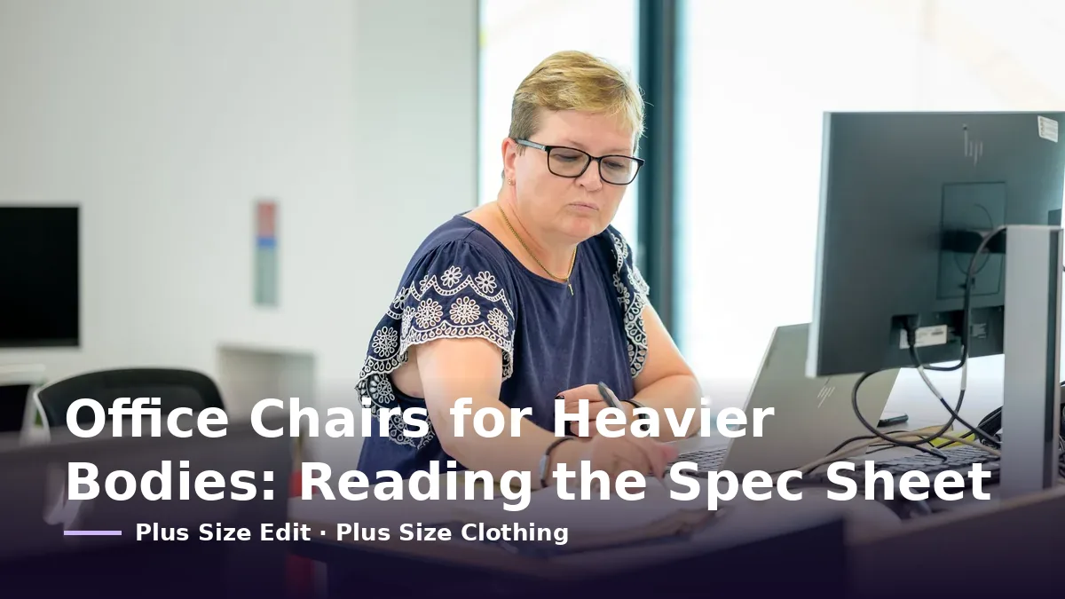 Cover card reading “Office Chairs for Heavier Bodies: Reading the Spec Sheet” over a woman in glasses working at an office desk with a monitor and keyboard