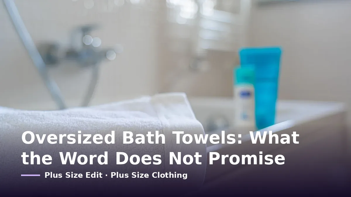 Cover card reading “Oversized Bath Towels: What the Word Does Not Promise” over a white towel folded over the rim of a bathtub