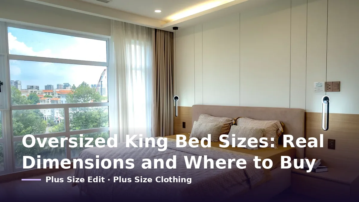 Cover card reading “Oversized King Bed Sizes: Real Dimensions and Where to Buy” over a wide bed with white bedding in a bright bedroom with a window