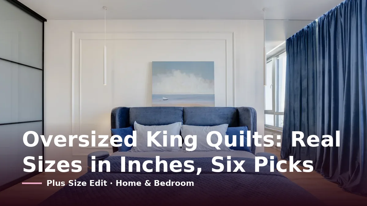 Cover card reading “Oversized King Quilts: Real Sizes in Inches, Six Picks” over a wide bed with a navy quilted cover and pale pillows in a bright bedroom