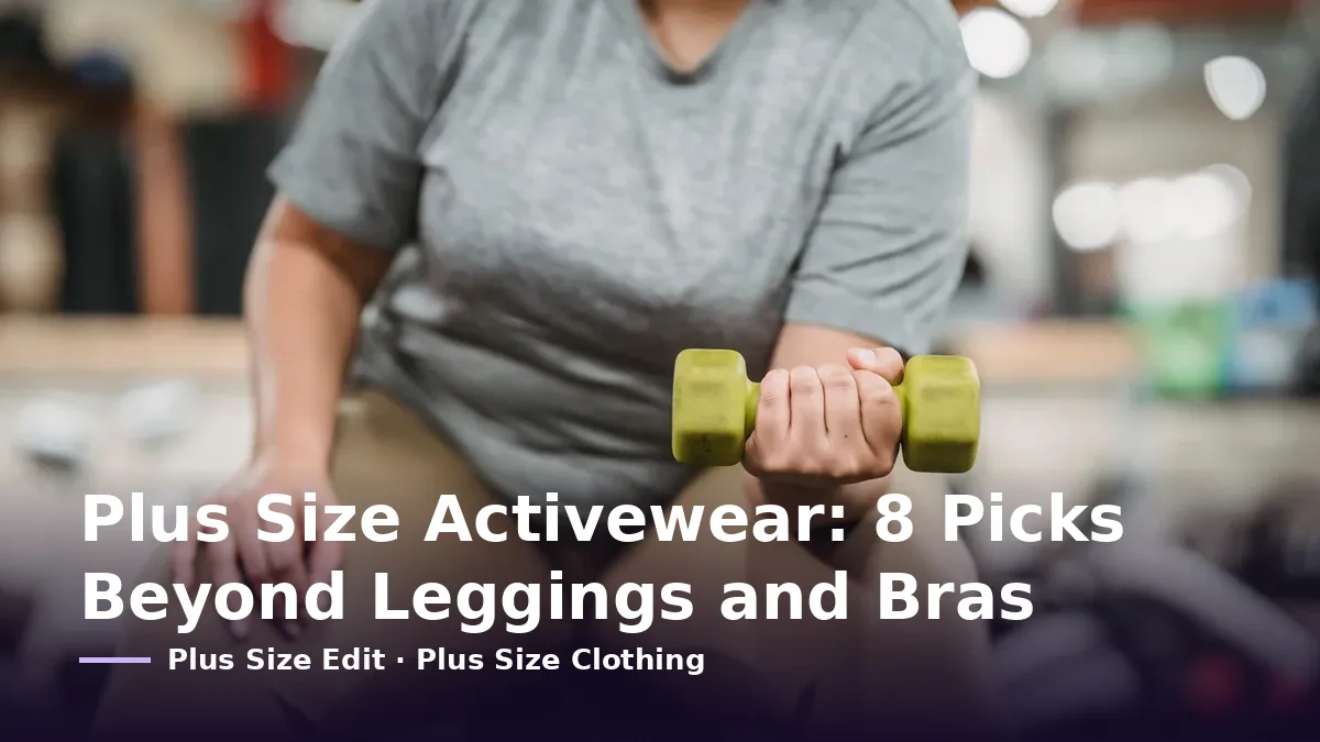 Cover card reading “Plus Size Activewear: 8 Picks Beyond Leggings and Bras” over a woman in sportswear doing dumbbell curls on a gym bench