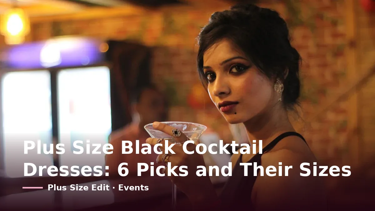 Cover card reading “Plus Size Black Cocktail Dresses: 6 Picks and Their Sizes” over a woman in a black sleeveless top holding a cocktail glass at a bar