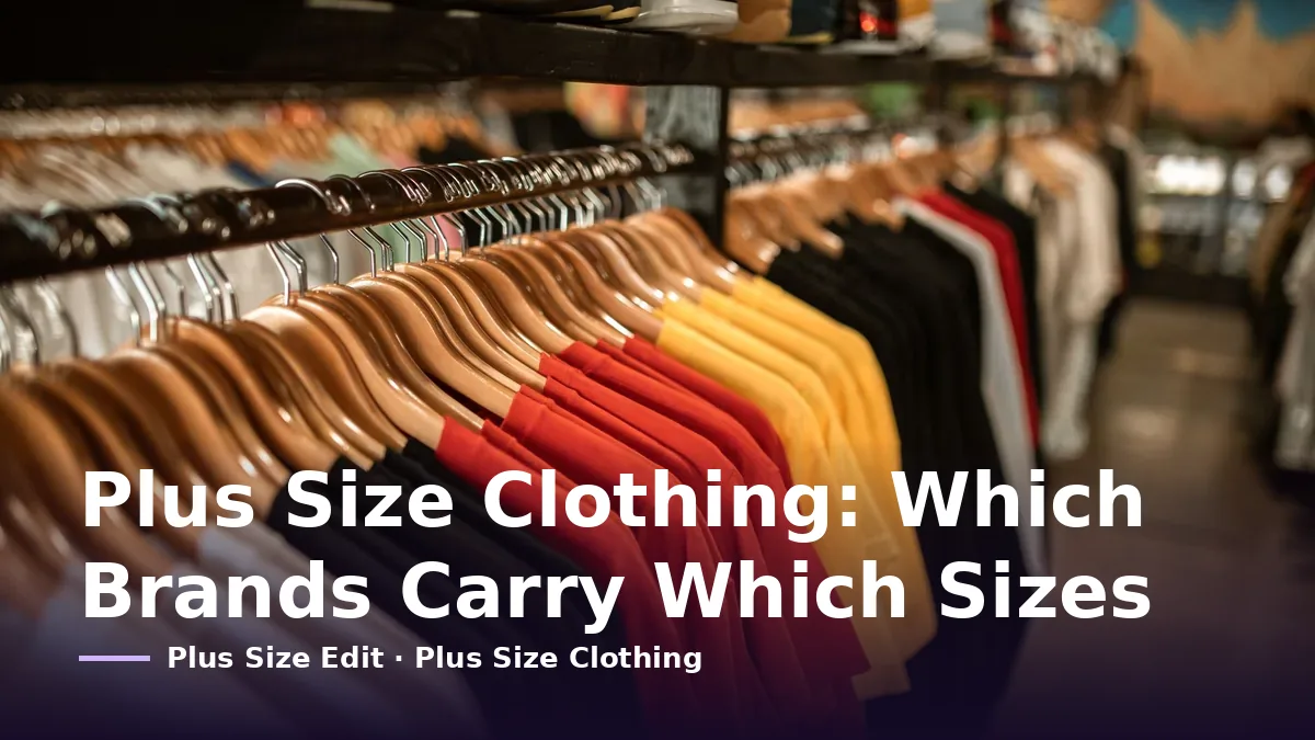 Cover card reading “Plus Size Clothing: Which Brands Carry Which Sizes” over a shop rail of garments on wooden hangers