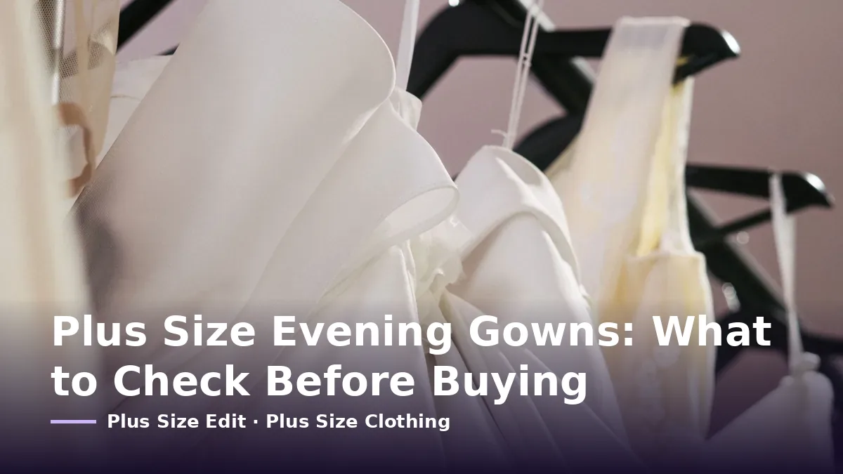 Cover card reading “Plus Size Evening Gowns: What to Check Before Buying” over white and ivory gowns hanging on black hangers