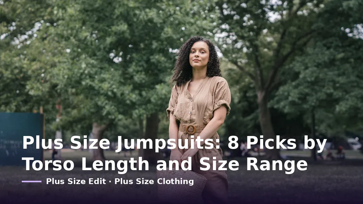Cover card reading “Plus Size Jumpsuits: 8 Picks by Torso Length and Size Range” over a woman in a belted short-sleeve jumpsuit standing in a park