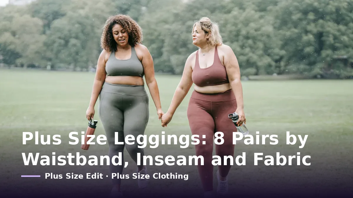Cover card reading “Plus Size Leggings: 8 Pairs by Waistband, Inseam and Fabric” over two plus-size women in leggings and sports bras walking hand in hand across a park