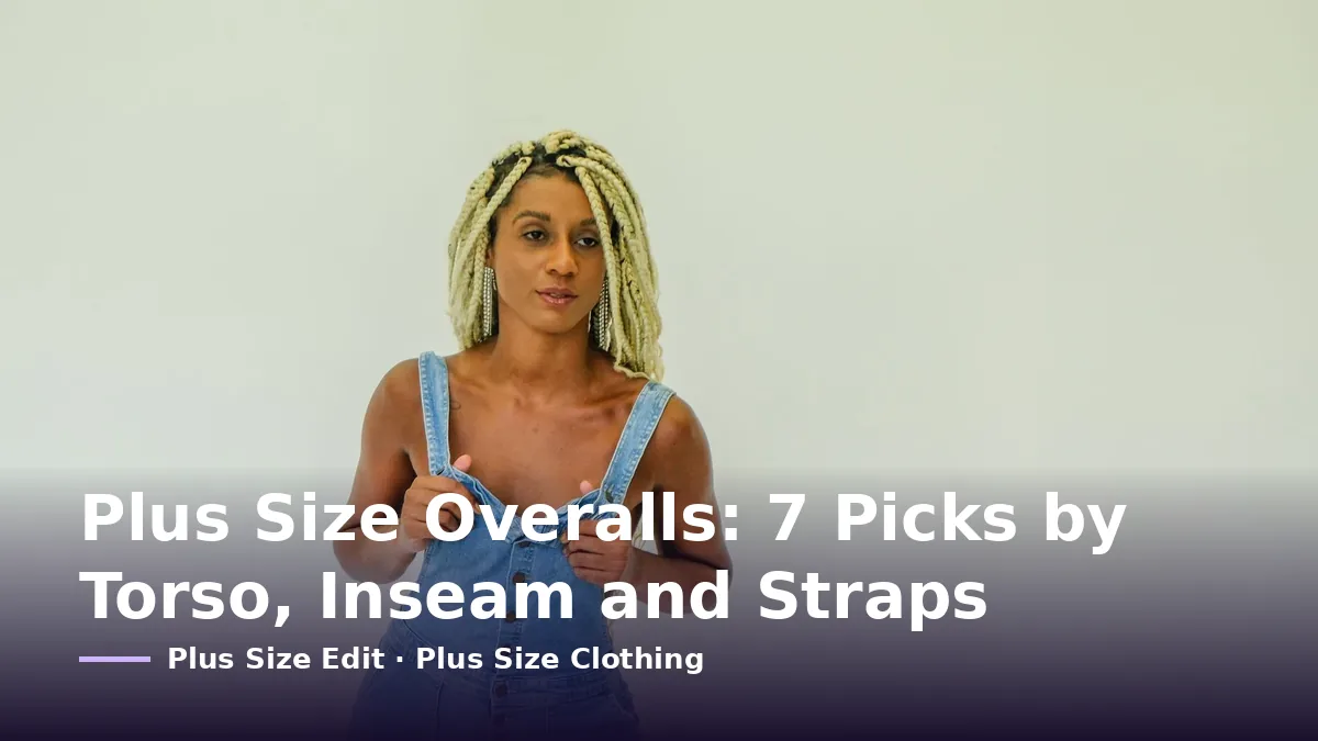 Cover card reading “Plus Size Overalls: 7 Picks by Torso, Inseam and Straps” over a woman posing in denim overalls against a white background