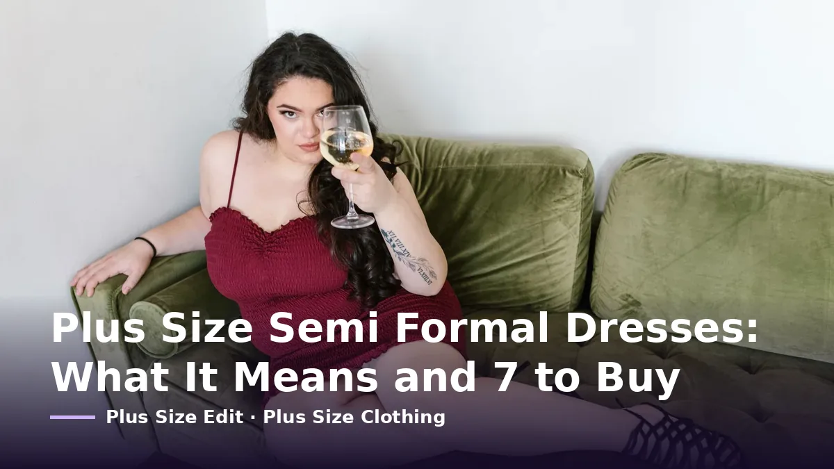 Cover card reading “Plus Size Semi Formal Dresses: What It Means and 7 to Buy” over a plus-size woman in a burgundy dress sitting on a green velvet sofa