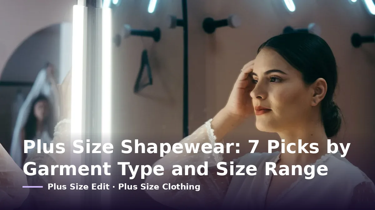 Cover card reading “Plus Size Shapewear: 7 Picks by Garment Type and Size Range” over a woman in a white gown checking her reflection in a mirror