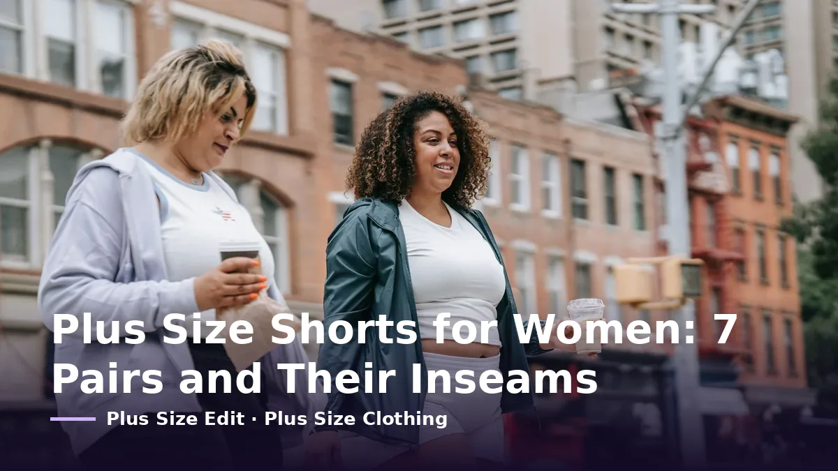 Cover card reading “Plus Size Shorts for Women: 7 Pairs and Their Inseams” over two women walking down a city street with iced coffees, one in white shorts