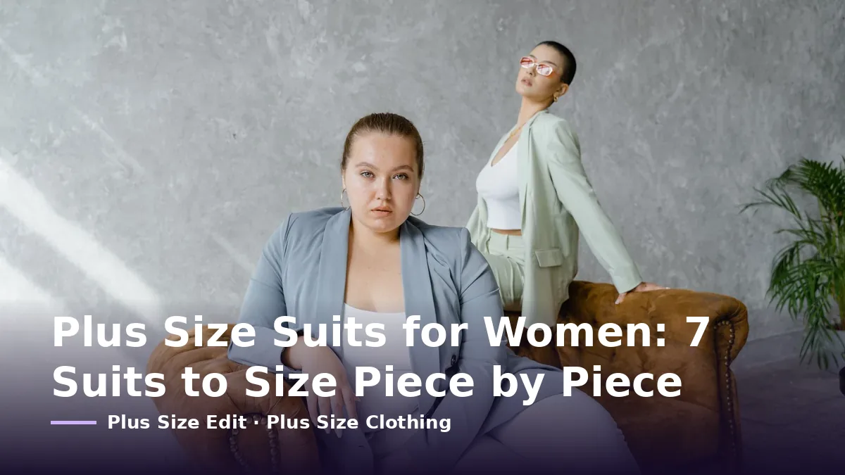 Cover card reading “Plus Size Suits for Women: 7 Suits to Size Piece by Piece” over two women in pastel blazers posing on a brown leather sofa